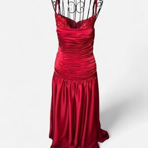 Lvs & Broner Red Formal Evening Dress - Sequin Bodice & Ruched Satin Gown NWT